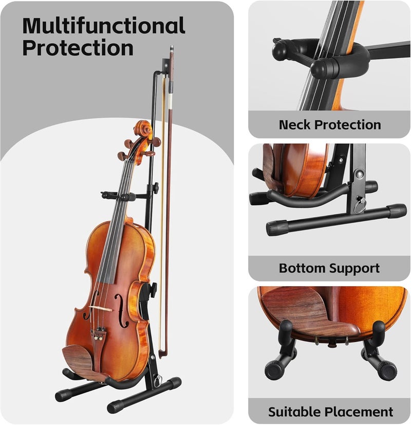 Augioth New Upgraded Anti-Tipping Design in Violin Stand with Bow Holder. Adjustable height, non-slip base, and protective head lock. Foldable and portable design for violins, violas, mandolins, and ukuleles.（White） - Image 3